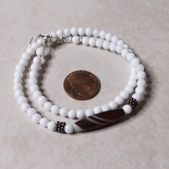 Dainty Slim-Line Wrap Bracelet for 7" Wrist - Brown Banded Agate + Ceramic Beads - Picture 1 of 7